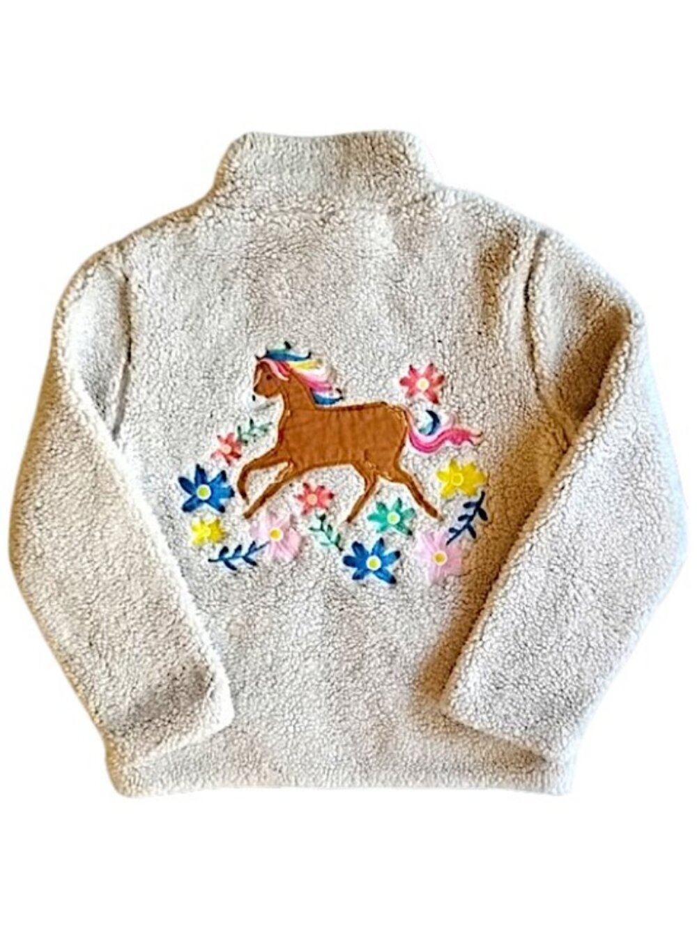 Mini Boden Appliqued Half-Zip Teddy Pullover 7/8 Cream Horse Flowers